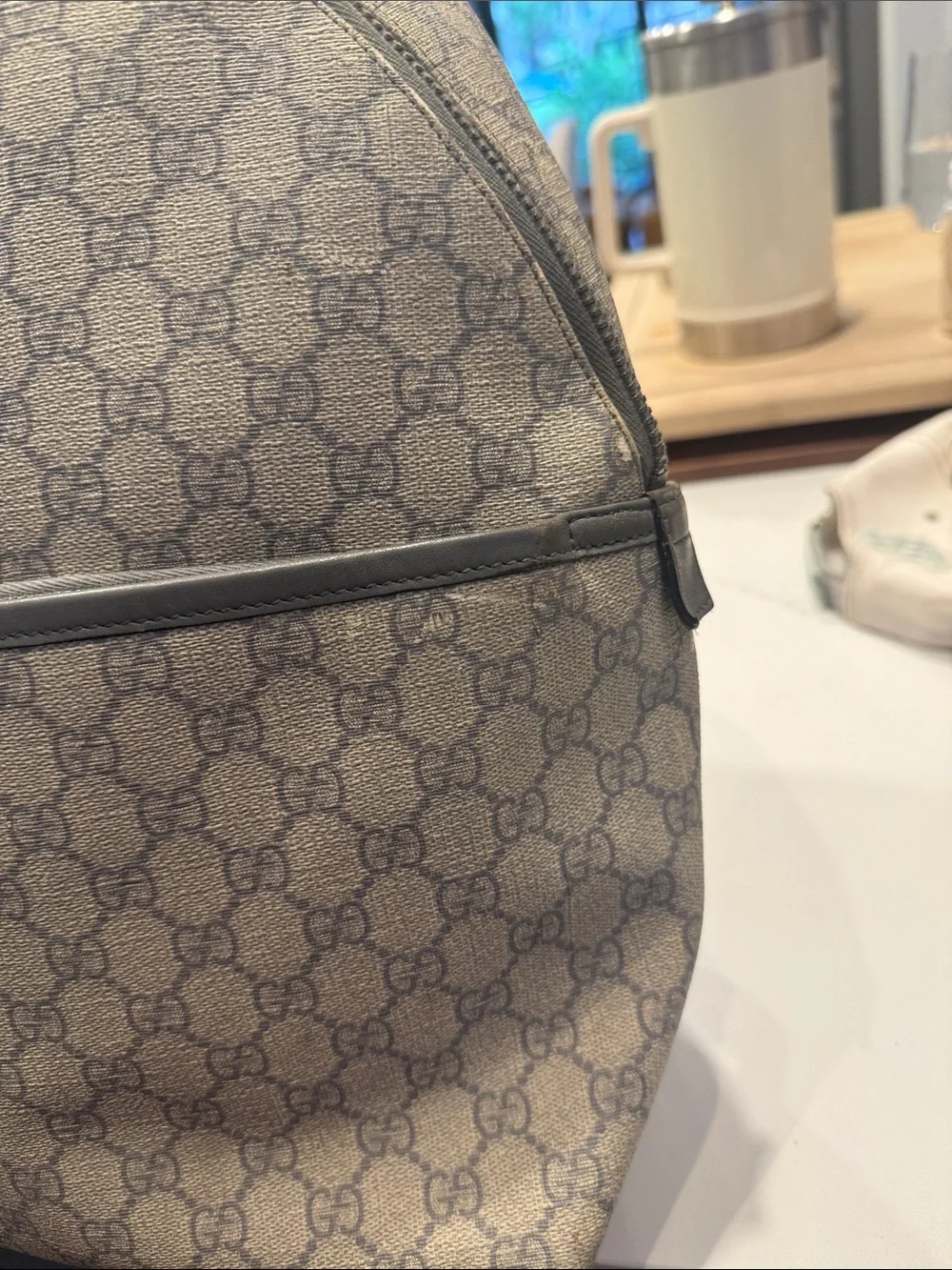 Gucci Beige GG Supreme Canvas Backpack with Gray Leather Trim